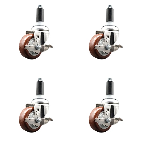 Service Caster 3 Inch 316SS Maroon Poly Swivel 1-1/8 Inch Expanding Stem Caster Set Brake SCC SCC-SS316EX20S314-PPUB-MRN-TLB-118-4 - main